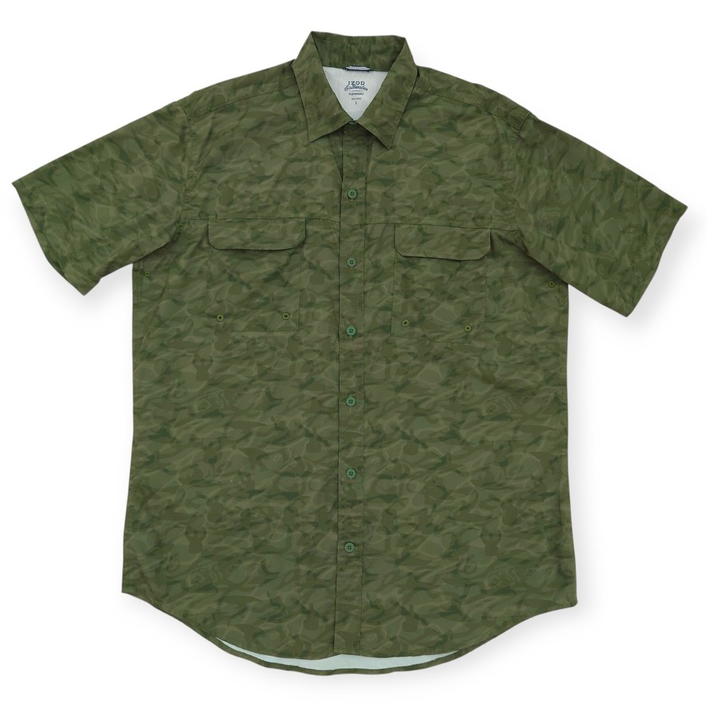 Izod Saltwater Performance Men L Green Kayak Camo Short Sleeve Button Shirt Vent